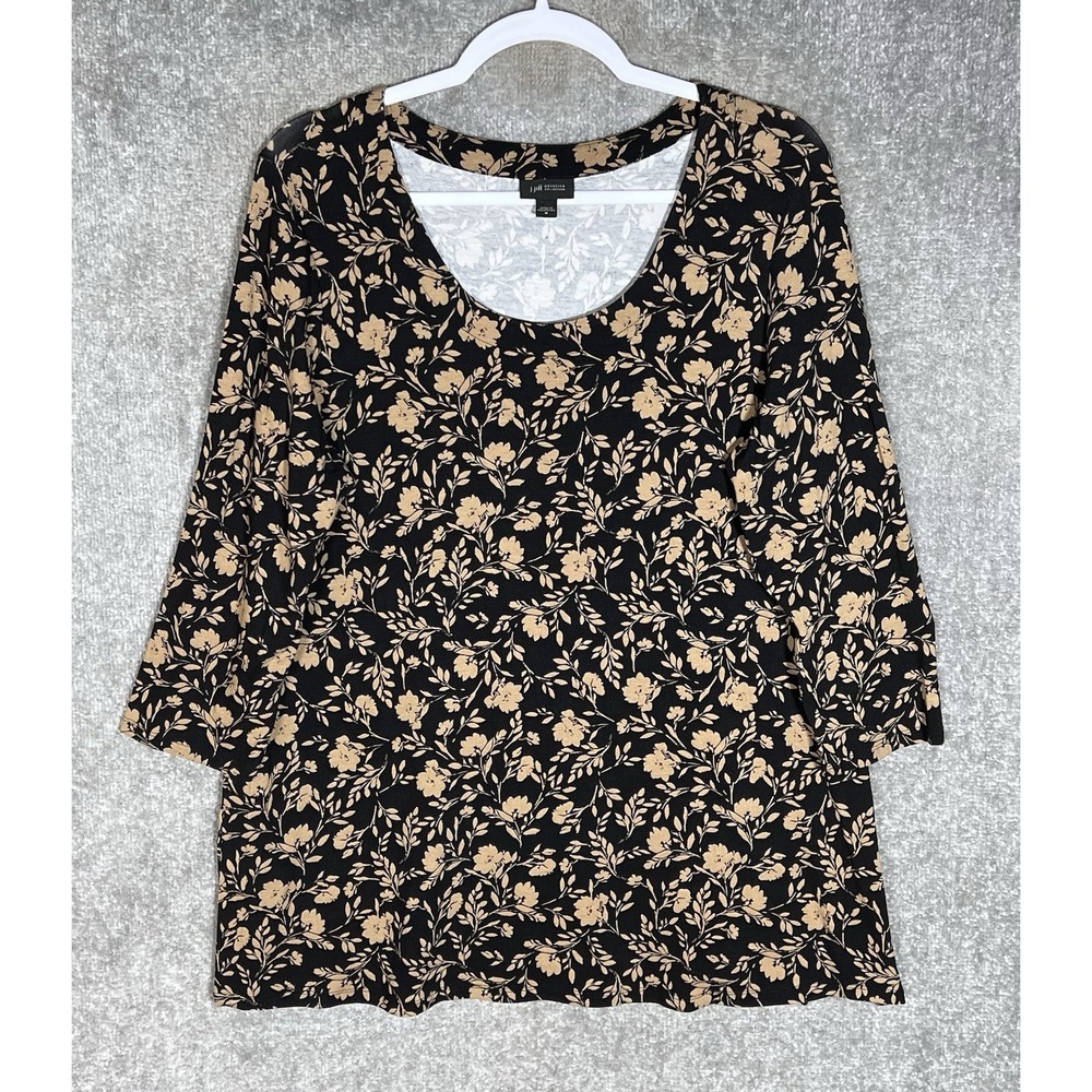 J Jill Wearever Collection Tunic Top Womens Size M Black Brown Floral Stretch